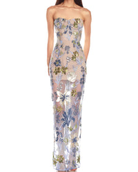 Yvoryth Strapless Sequin Embroidered Floral Maxi Dress In Blue