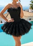 Lizzie Strapless Petal Floral Corset A Line Mini Dress In Black
