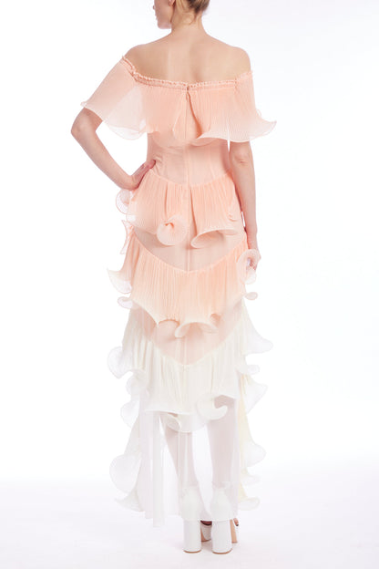 Gawain Peach Multi Ombre Off-Shoulder Pleated Organza Maxi Dress