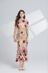Thalvix Floral Embroidery Mesh Long Sleeve Midi Dress In Apricot
