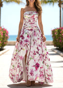 Isograph Strapless Ruched Floral Puff Maxi Dress In White Pink