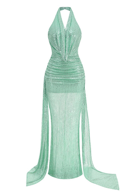 Orenthal Cowl Backless Sequin Maxi Dress In Green