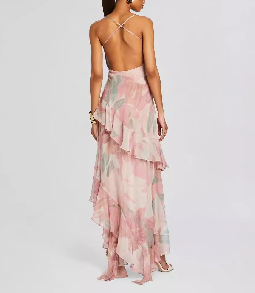 Ares Floral-Print Ruffled Silk Midi Dress In Pink