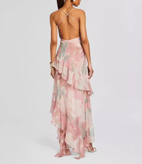 Ares Floral-Print Ruffled Silk Midi Dress In Pink