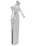 Terrica Floral-Appliqué Sequin Gown In Silver