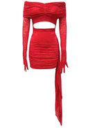 Arixan Long Sleeve Bardot Ruched Mini Dress In Red