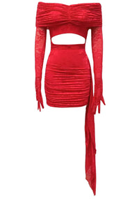 Arixan Long Sleeve Bardot Ruched Mini Dress In Red