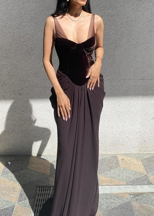 Cazmir Velvet Bustier Draped Maxi Dress In Brown