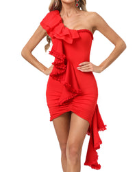 Azhira One Shoulder Ruffle Mini Dress In Red