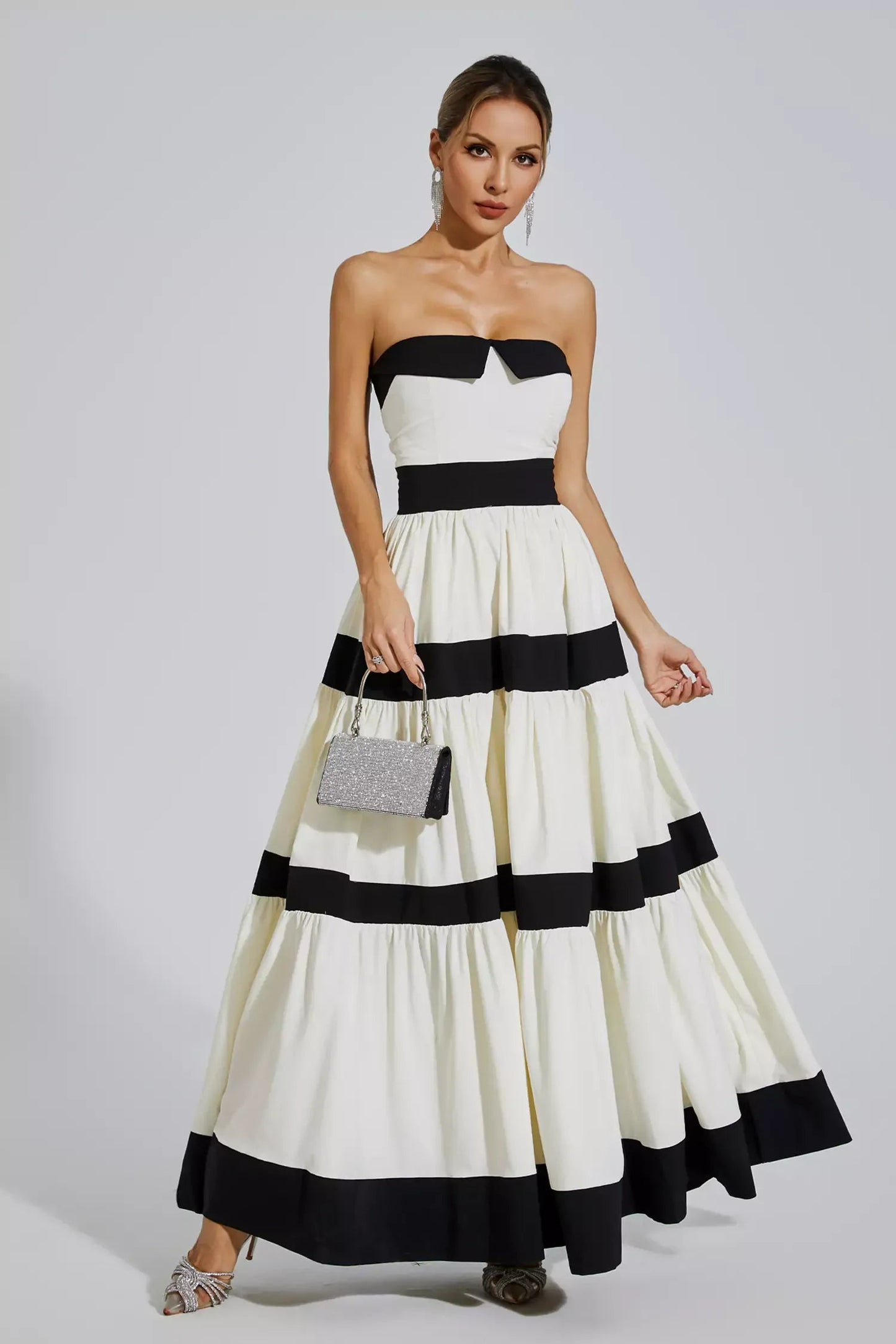 Jerryl Strapless Striped Bowknot Maxi Dress In White