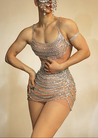 Lunexra Scoop Neck Rhinestone Mesh Mini Dress