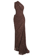 Minya One Shoulder Draped Lace Maxi Dress In Brown