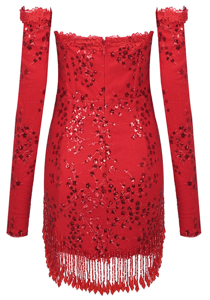 Acosta Long Sleeve Strapless Sequin Tassel Dress In Red