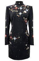 Nereus Long Sleeve Crystal Embellished Mini Dress In Black