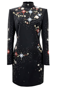 Nereus Long Sleeve Crystal Embellished Mini Dress In Black
