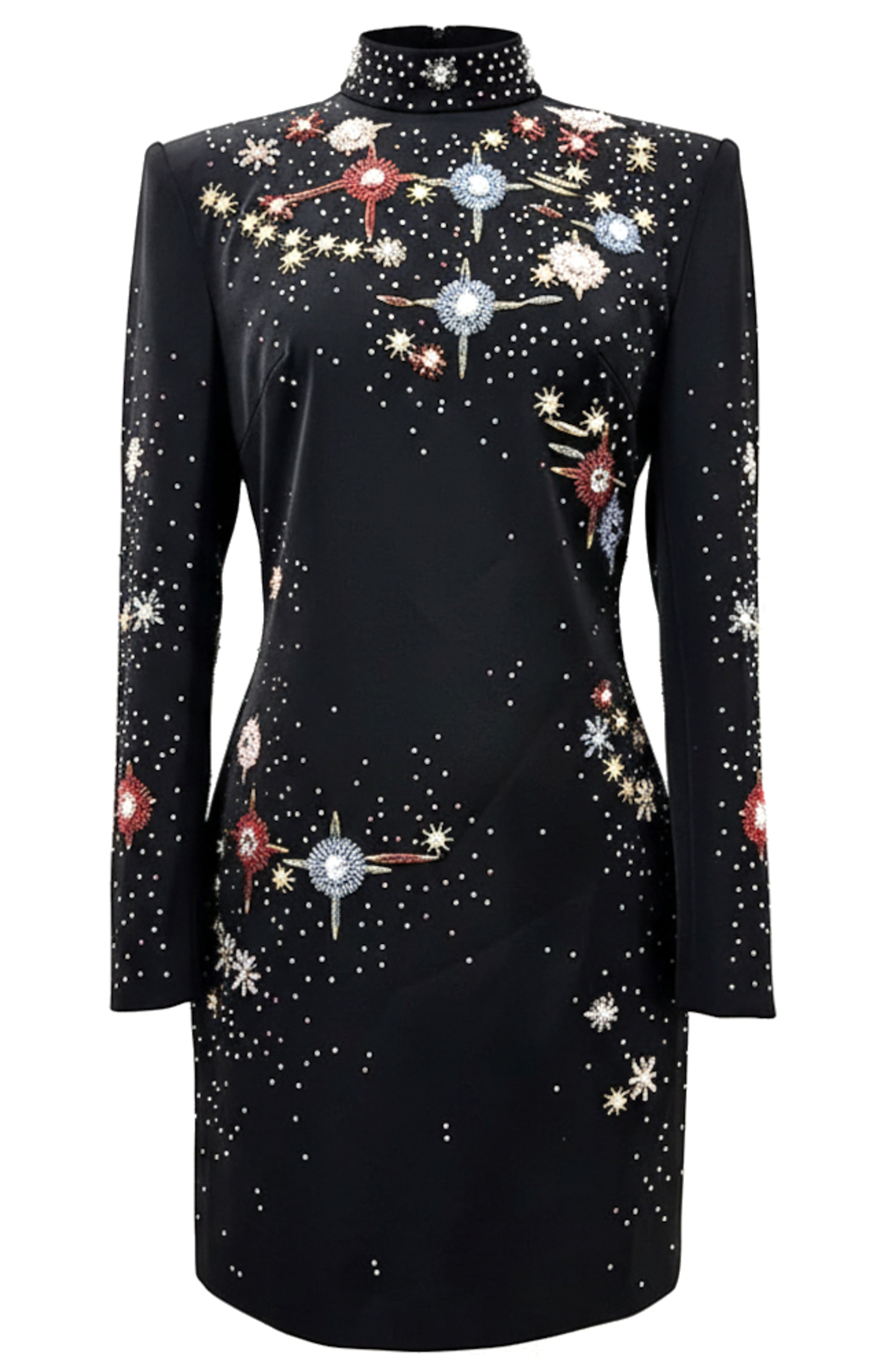 Nereus Long Sleeve Crystal Embellished Mini Dress In Black