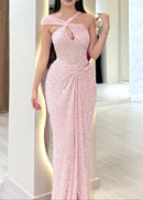 Olyra Halter Draped Sequin Maxi Dress In Pink