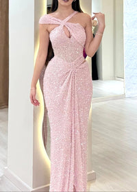Olyra Halter Draped Sequin Maxi Dress In Pink