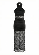 Batul Halter Lace Insert Ruched Maxi Dress