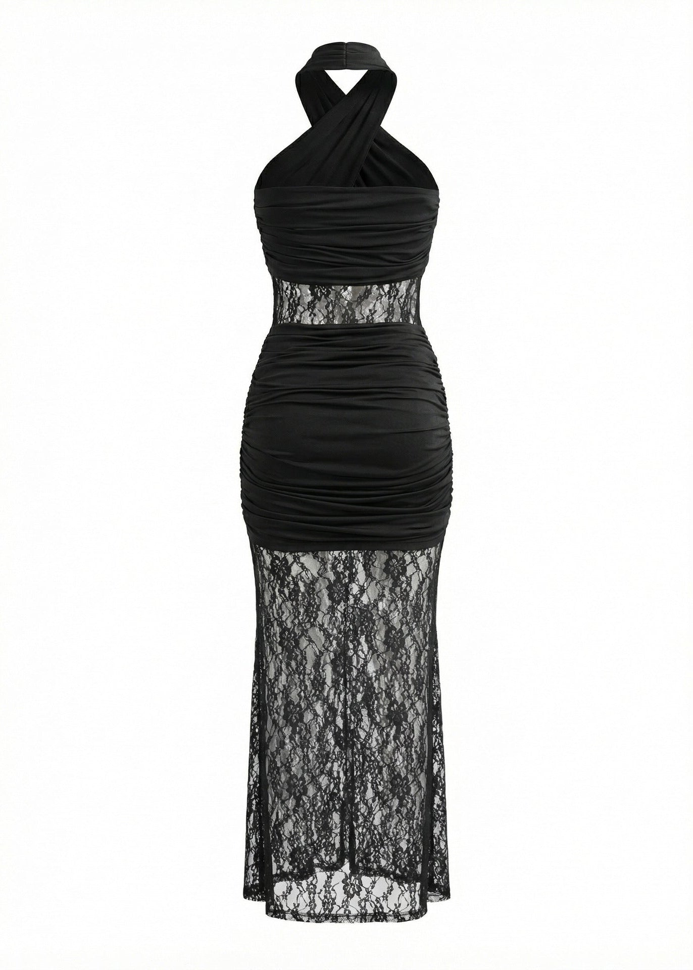 Batul Halter Lace Insert Ruched Maxi Dress