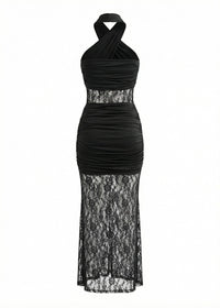 Batul Halter Lace Insert Ruched Maxi Dress