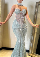 Daiki Strapless Crystal Corset Maxi Dress In Silver