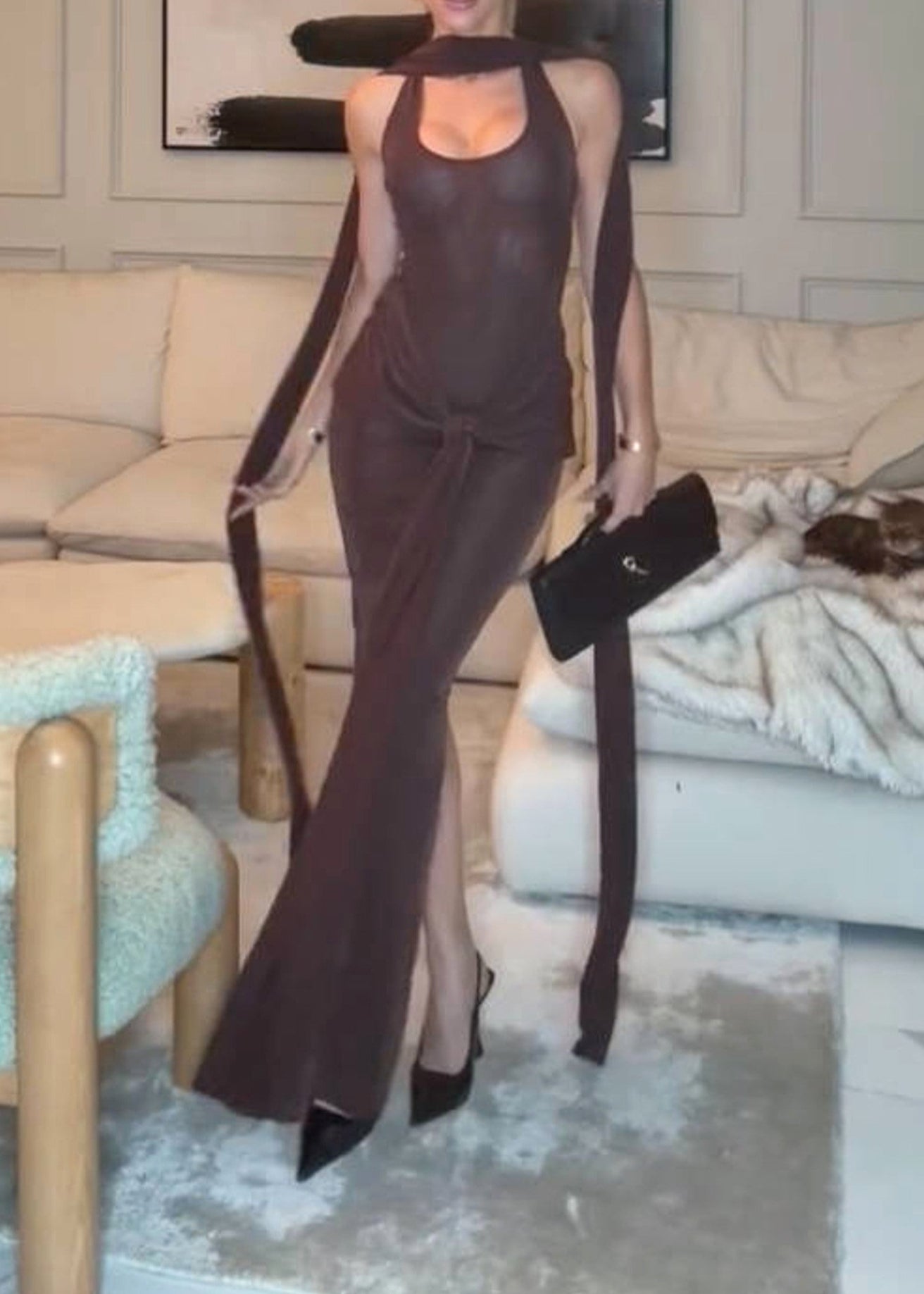 Mansi Halter Sparkly Maxi Dress In Brown