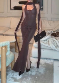 Mansi Halter Sparkly Maxi Dress In Brown