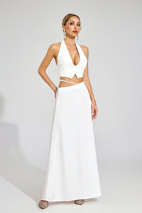 Susie Silk Crop Top Maxi Skirts 2 Pieces Sets In White