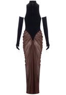 Aithley Halter Draped Maxi Velvet Dress In Black Brown