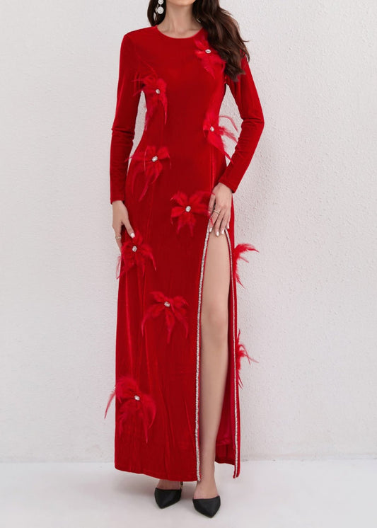 Ruzevich 3D Feather Flower Velvet Maxi Dress In Red