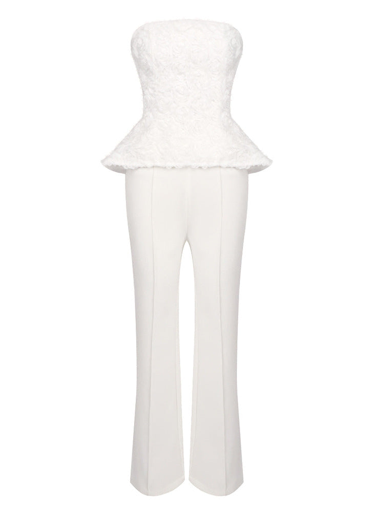 Robles Strapless Floral Peplum Two Piece Jumpsuit In White