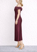 Battista Floral Bardot Midi Dress In Burgundy