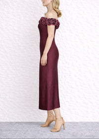 Battista Floral Bardot Midi Dress In Burgundy