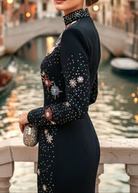 Nereus Long Sleeve Crystal Embellished Mini Dress In Black