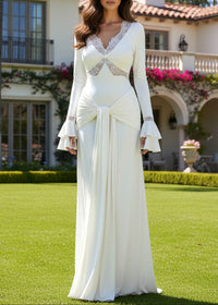 Grabrol Long Sleeve Lace Draped Maxi Dress In White