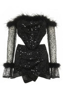Farkhod Long Sleeve Feather Bardot Sequin Two Piece Mini Dress In Black