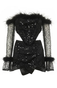Farkhod Long Sleeve Feather Bardot Sequin Two Piece Mini Dress In Black