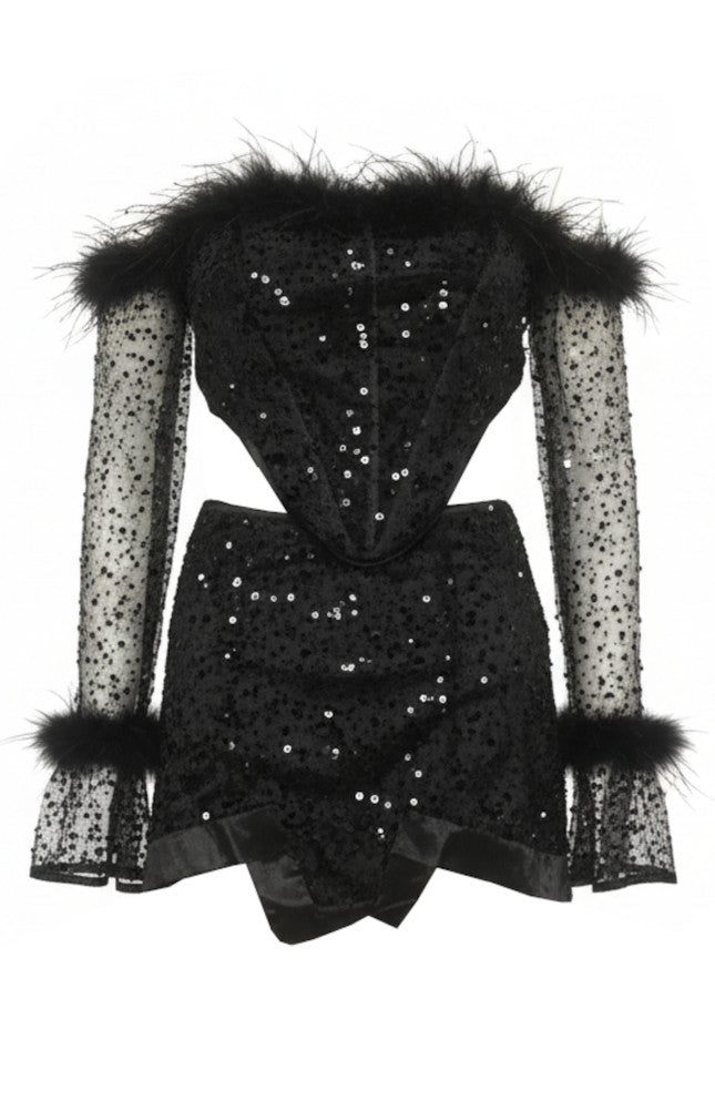 Farkhod Long Sleeve Feather Bardot Sequin Two Piece Mini Dress In Black