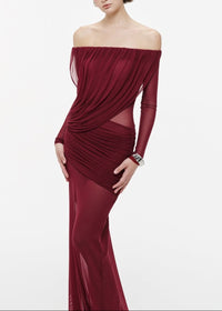 Cryxel Off-Shoulder Draped Mesh Maxi Dress In Wine Red