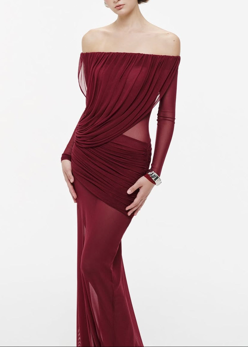 Cryxel Off-Shoulder Draped Mesh Maxi Dress In Wine Red