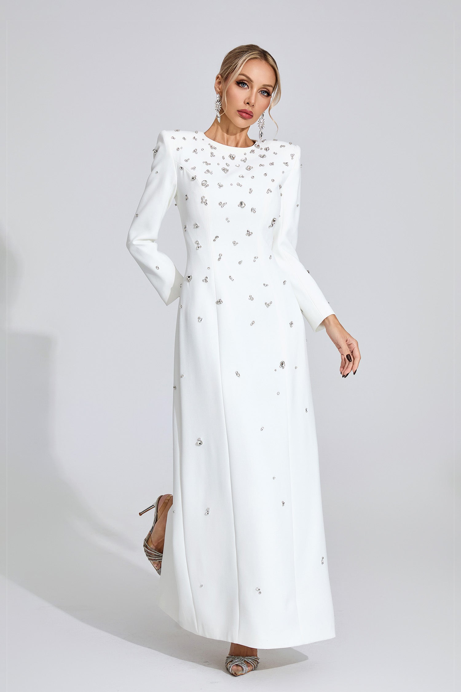 Bethel Long Sleeve Crystal A Line Maxi Dress In White