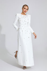 Bethel Long Sleeve Crystal A Line Maxi Dress In White