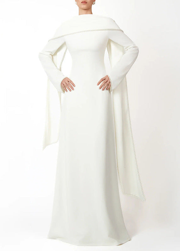Emilie White Pearl Trim Shawl Detail Maxi Dress