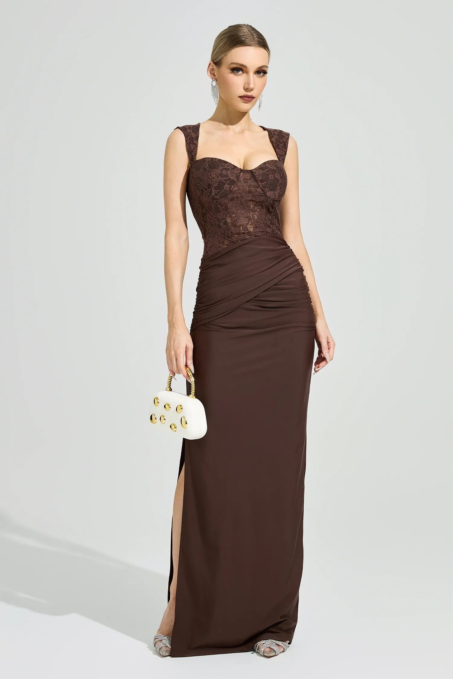 Luxyvar Lace Bustier Draped Maxi Dress In Brown