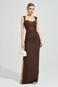Luxyvar Lace Bustier Draped Maxi Dress In Brown