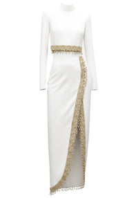 Eivissa Long Sleeve Gold Trim Two Piece Maxi Dress In White