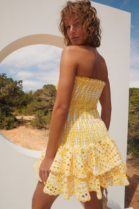 Larry Strapless Ruffle Mini Dress In Yellow