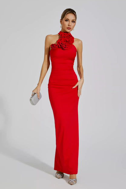 Dalary Red Floral Ruched Halter Maxi Dress