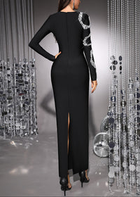 Ezron Long Sleeve Crystal Design Maxi Dress In Black